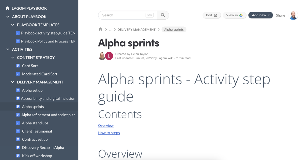 Lagom playbook page for alpha aprints